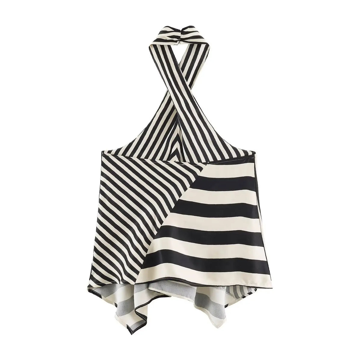 Striped crisscross halter asymmetric top, back flat lay