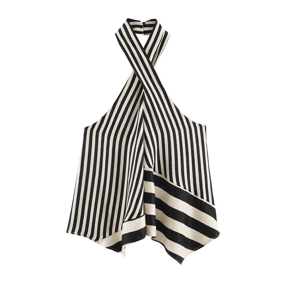 Striped crisscross halter asymmetric top, front flat lay