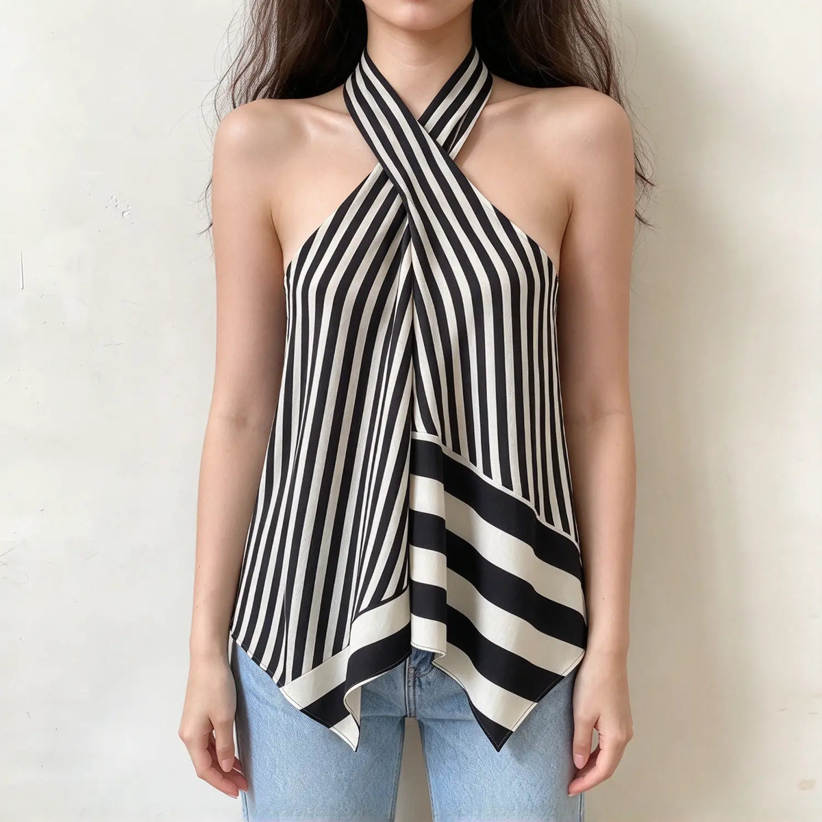 Model wearing striped crisscross halter asymmetric top, front view