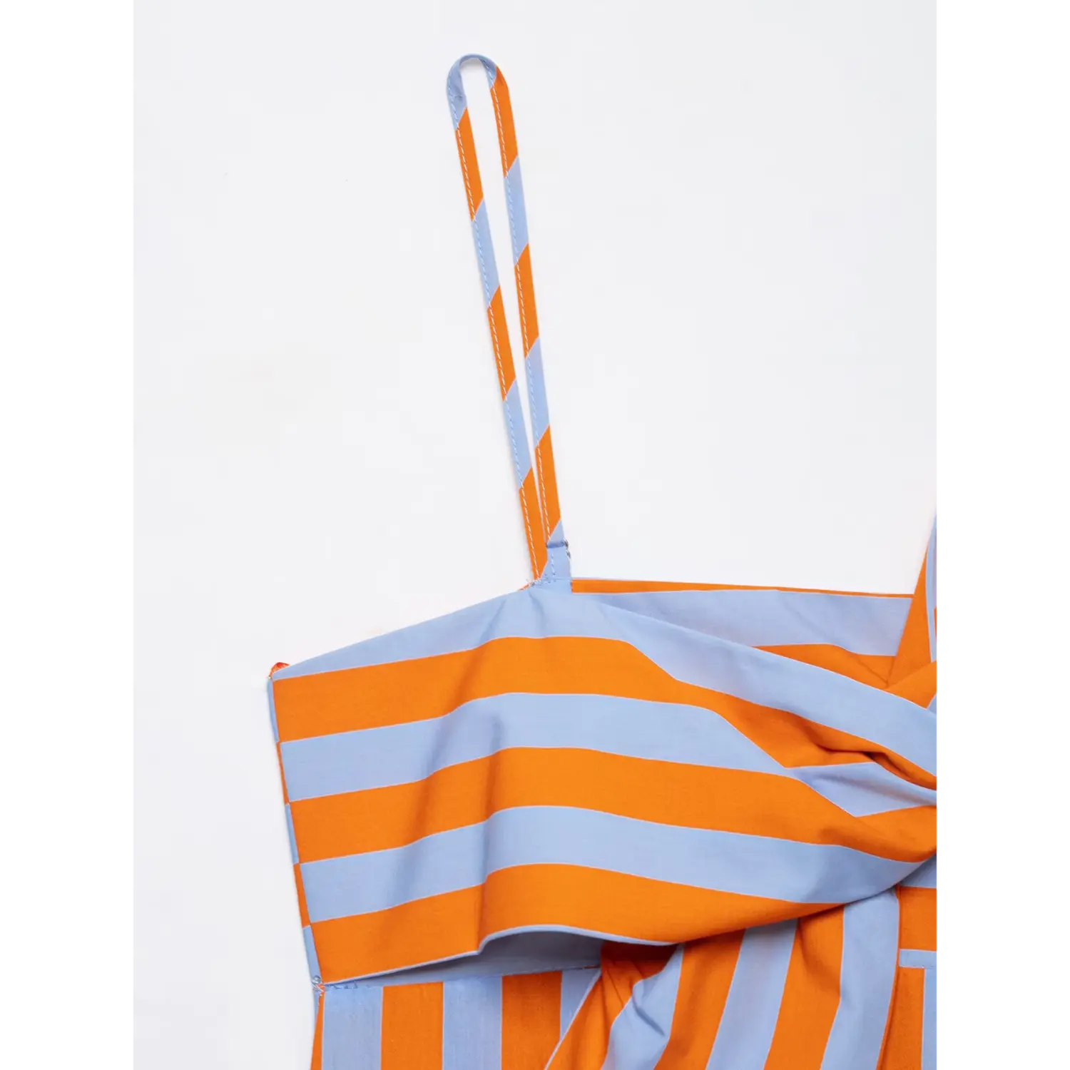 Close-up thin matching striped spaghetti strap stitching detail of orange blue cami maxi dress