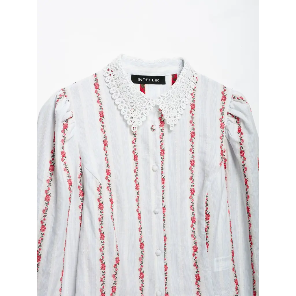 Close-up of lace collar and button placket