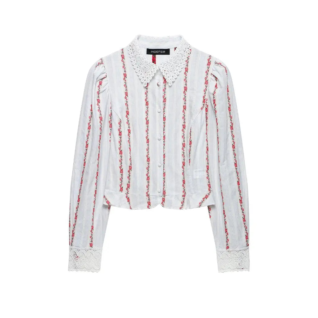 Striped floral lace collar button front blouse, front flat lay