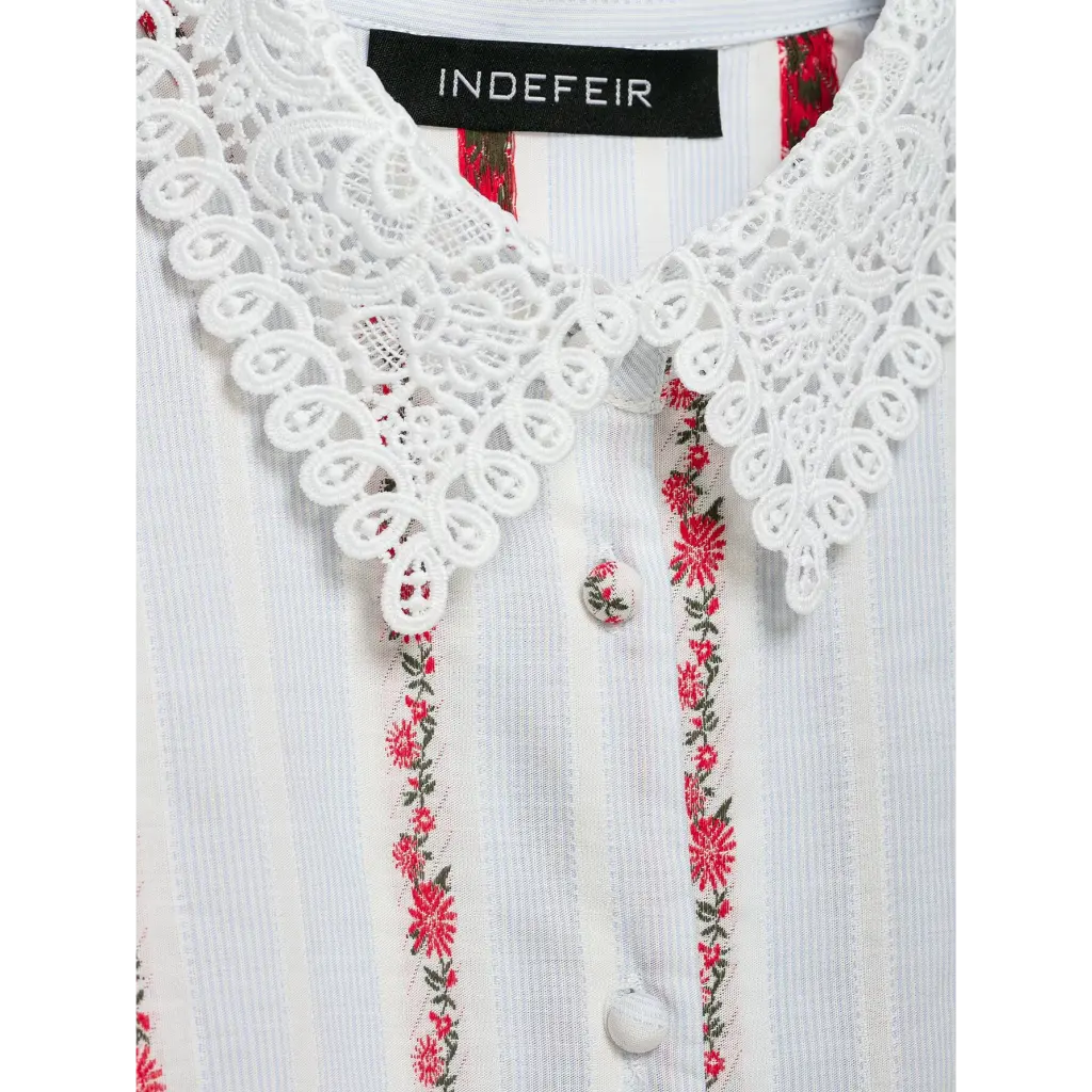 Close-up of lace collar, inner label and covered buttons
