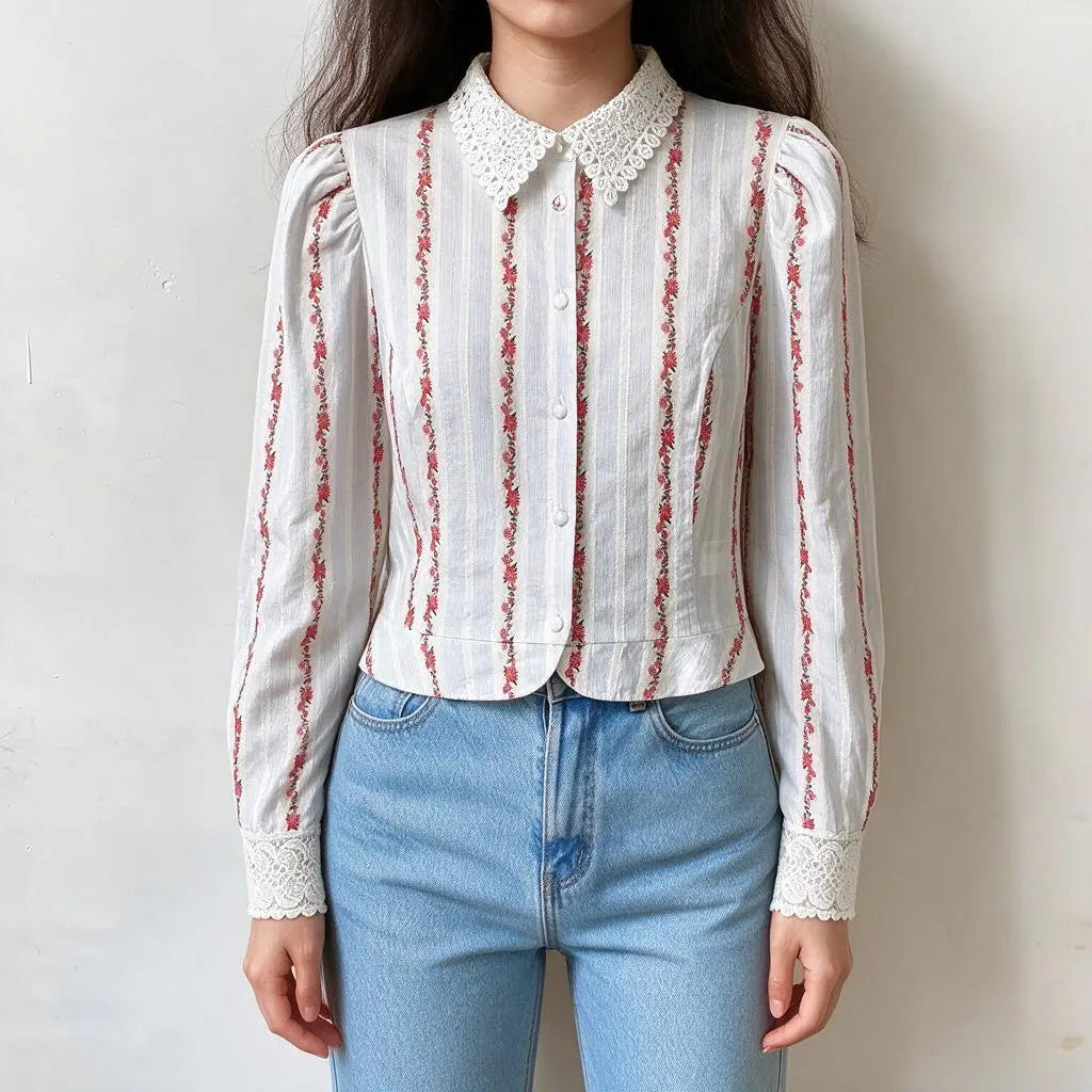Model wearing striped floral lace collar button front blouse, front view