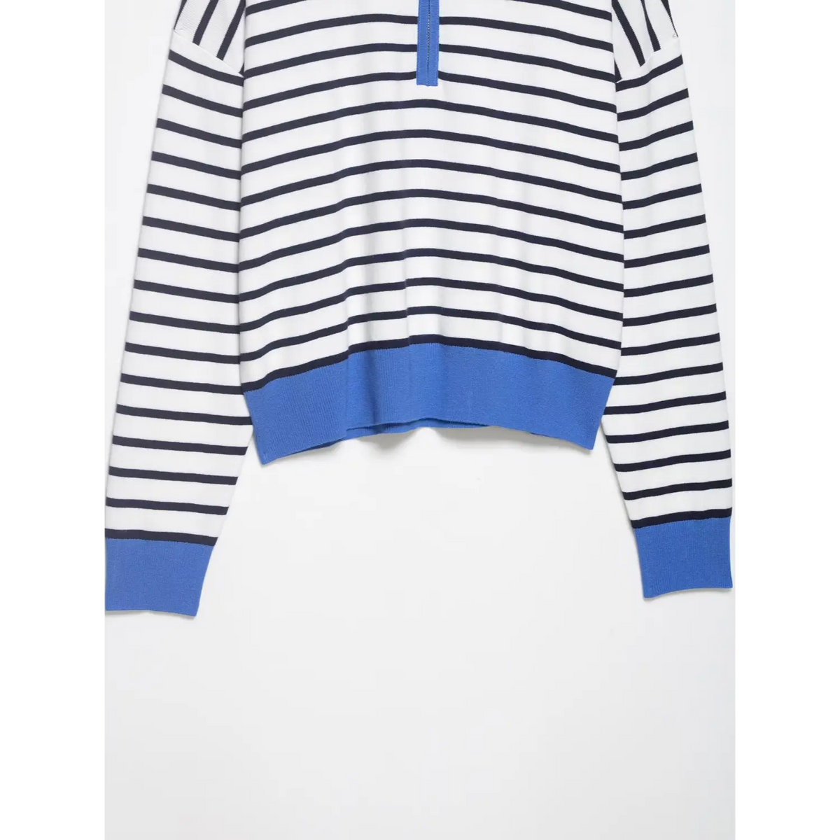 Close-up of ribbed hem, ribbed cuffs and stripe body