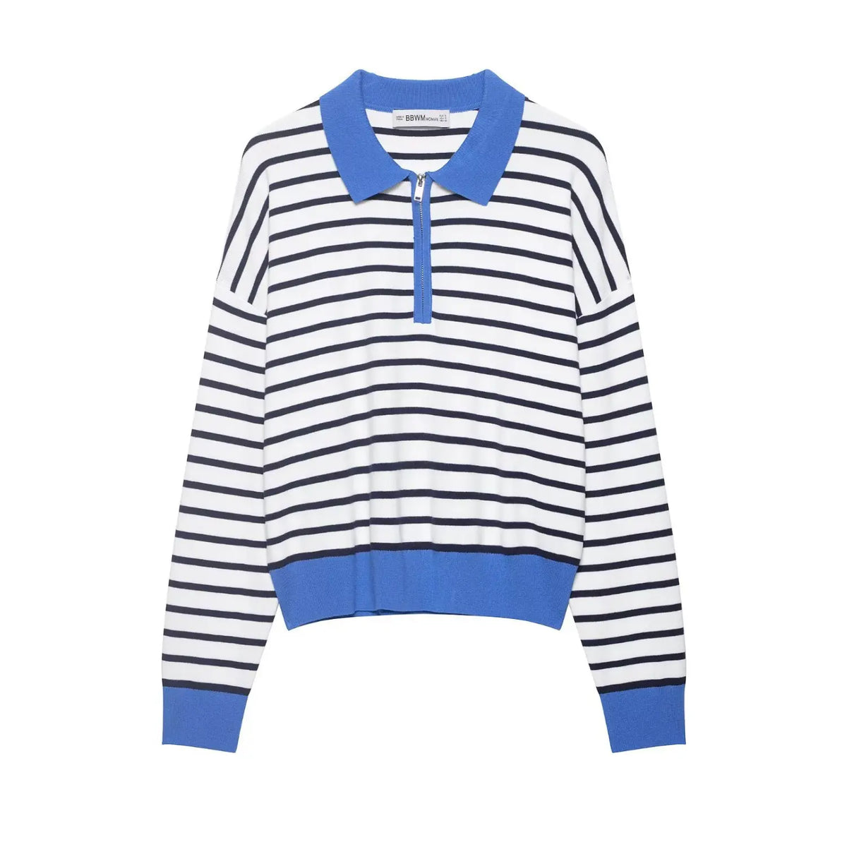 Front flat lay of blue and white striped half zip collared knit top