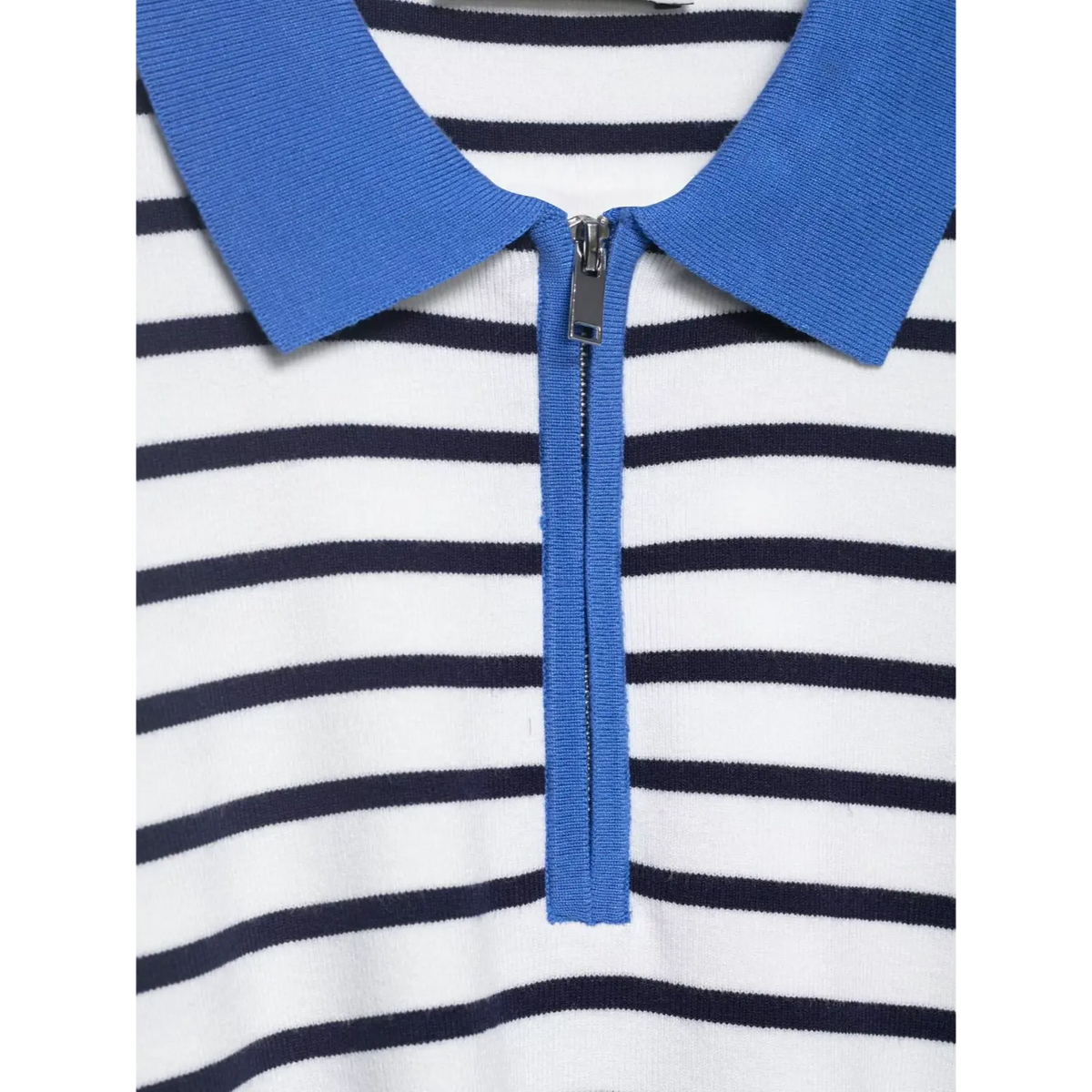 Close-up of metal half zipper pull and blue placket
