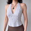 Model outfit shot, blue white stripe halter deep v slim cropped tank top casual streetwear
