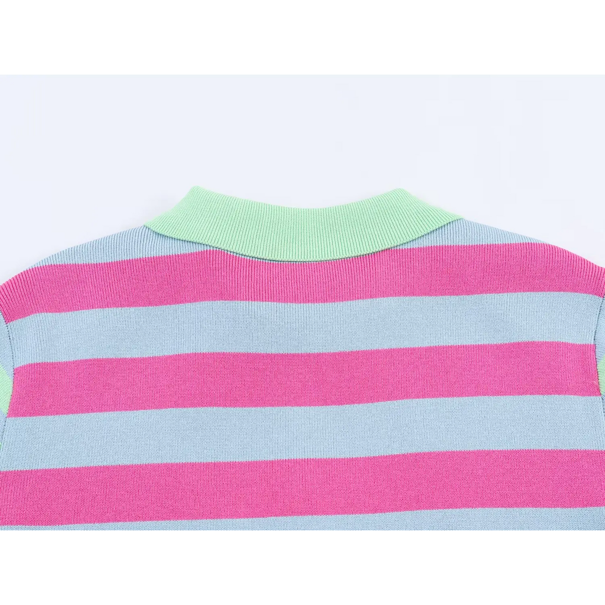 Close-up of back collar and pink blue stripes on knit cardigan
