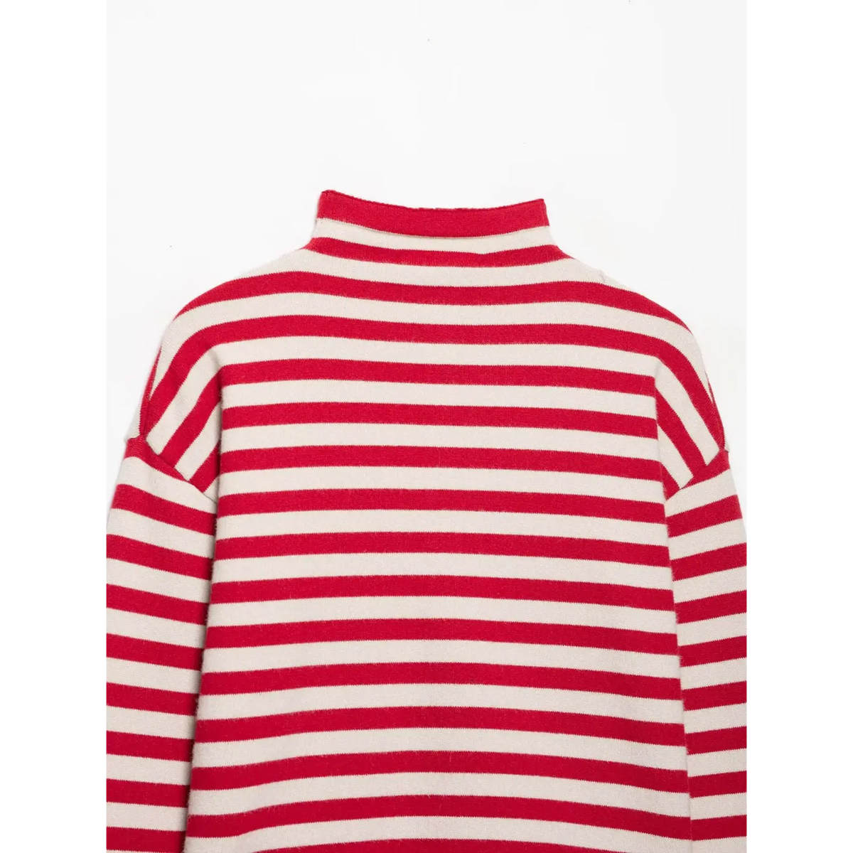 Back view of red and cream striped knit cardigan with red collar edge