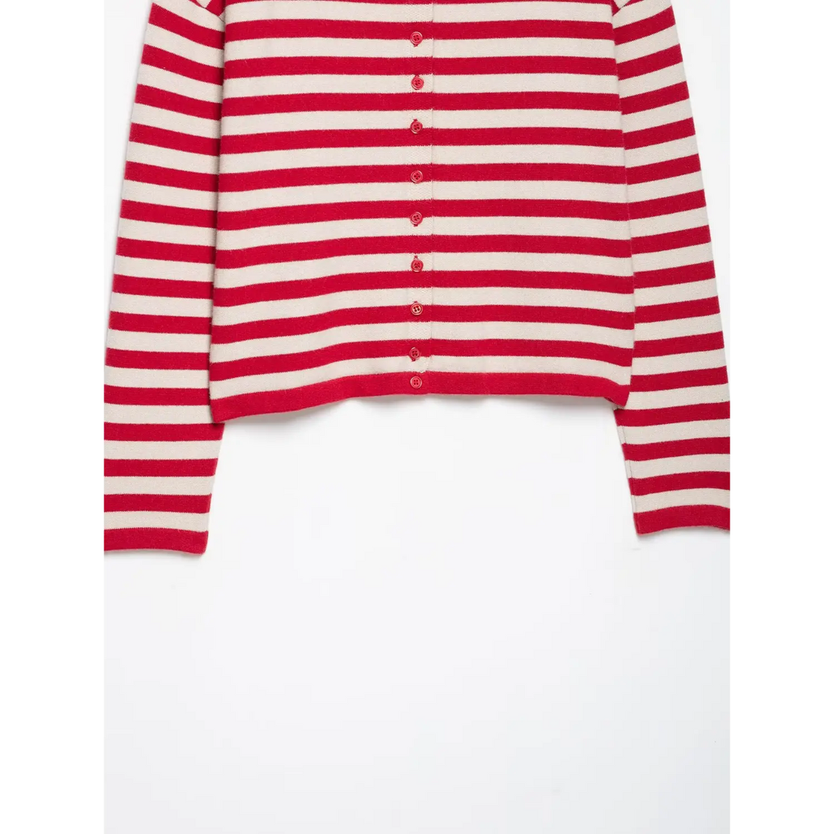 Close-up of full row of red round buttons down the front of striped knit cardigan