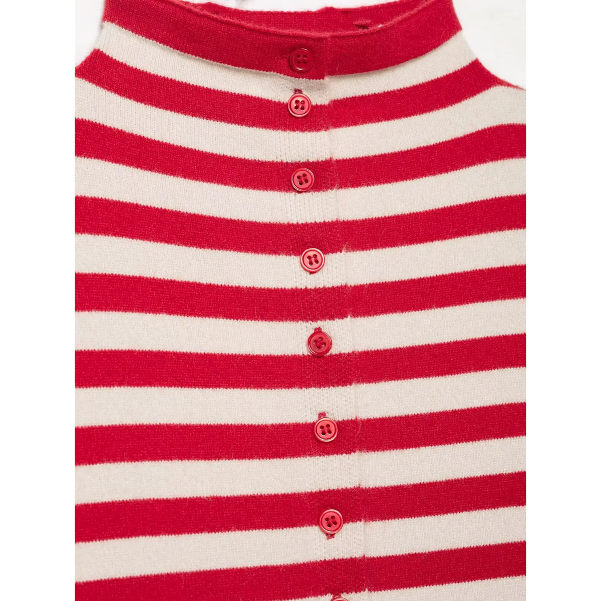 Close-up of red mock neck, button placket and stripe knit fabric on cardigan