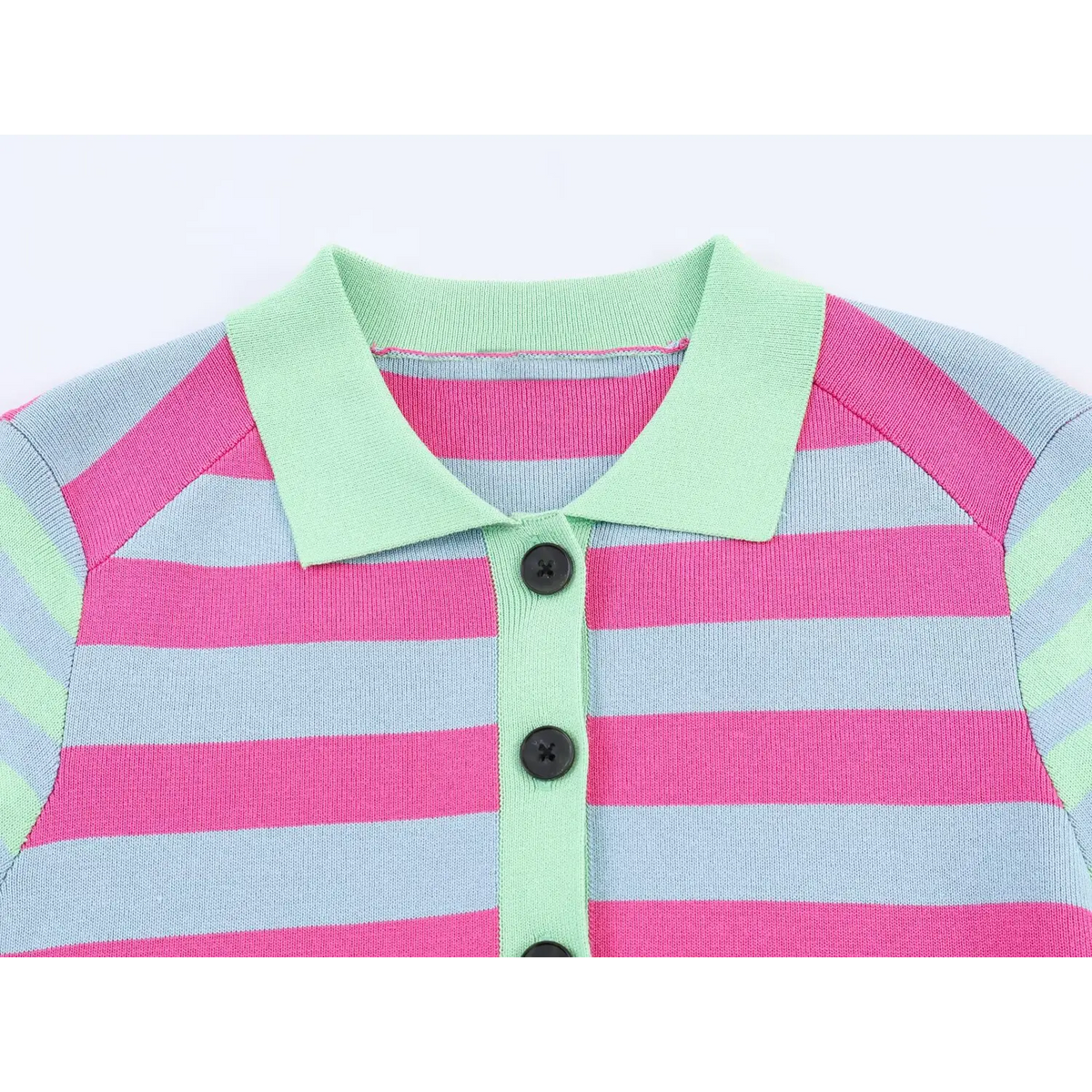 Close-up of mint green polo collar and placket with black buttons on striped cardigan