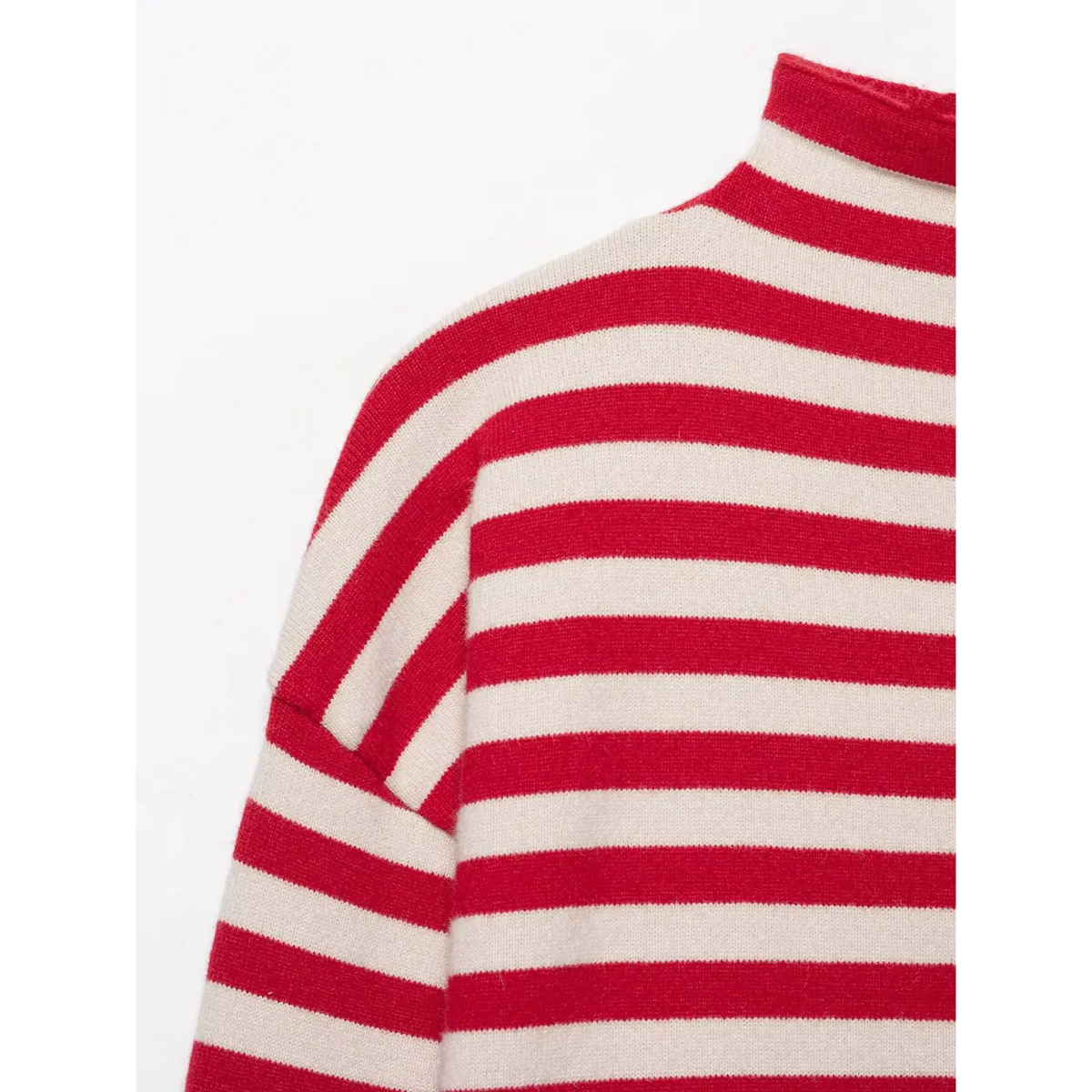 Close-up of red mock neck and shoulder on red and cream striped knit cardigan