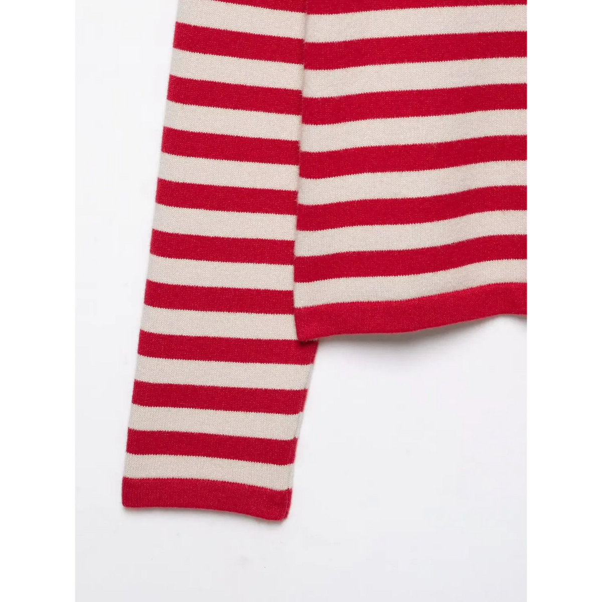 Close-up of red ribbed cuff and hem on striped knit cardigan