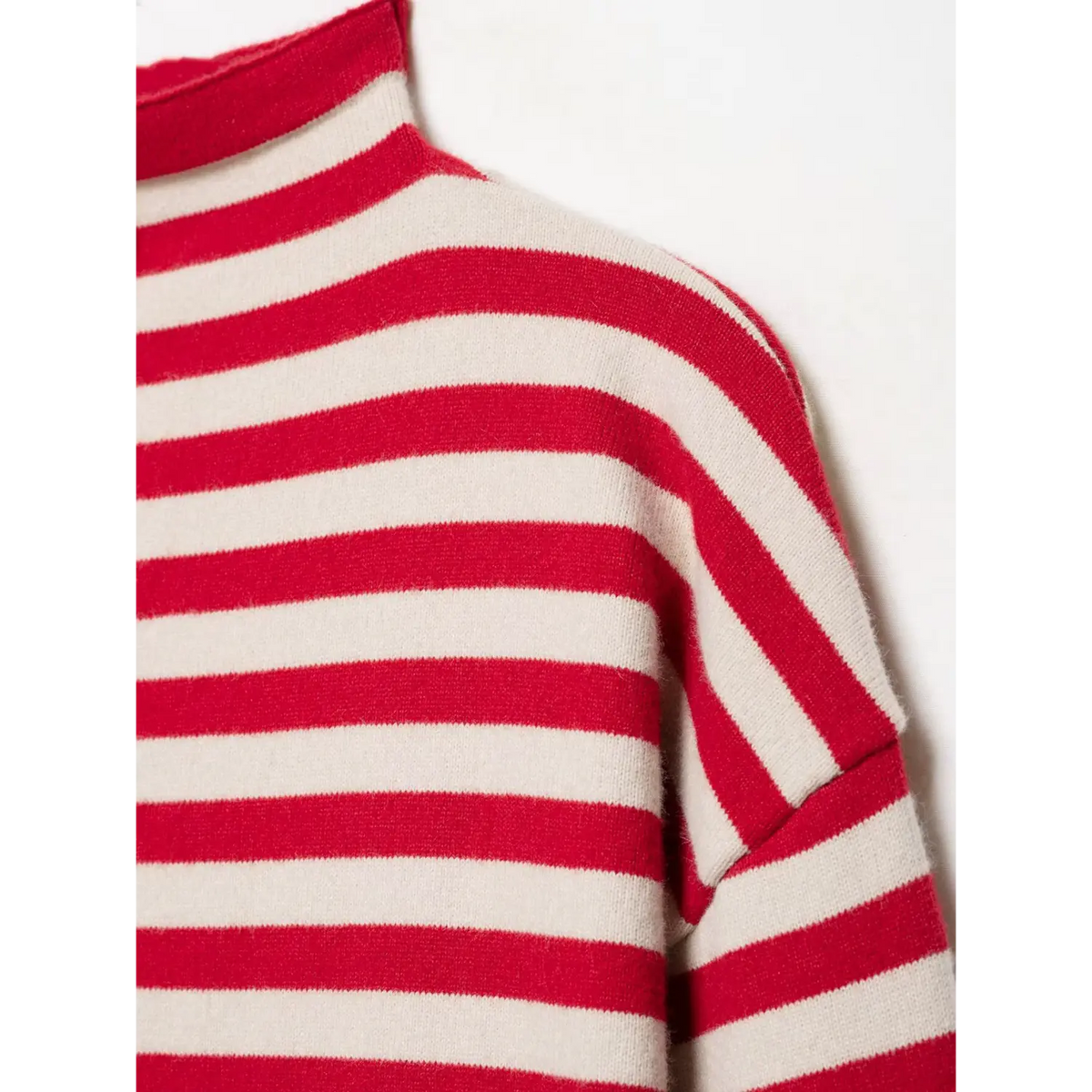 Close-up of red high neck and striped shoulder on knit cardigan