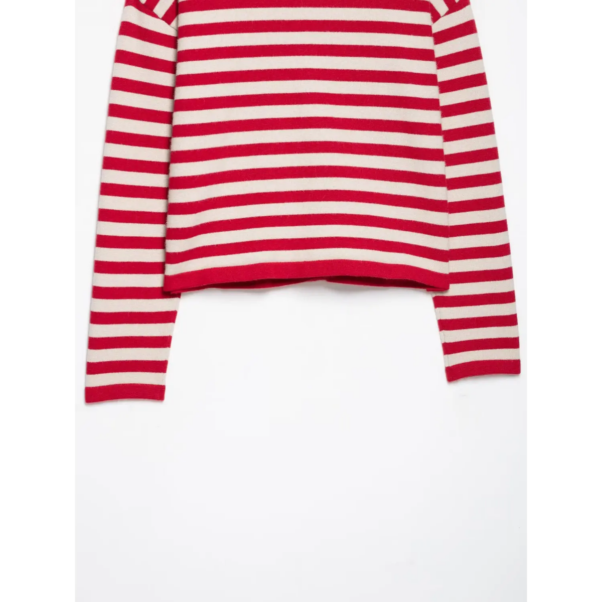 Close-up of red and cream striped body and long sleeves with red trims
