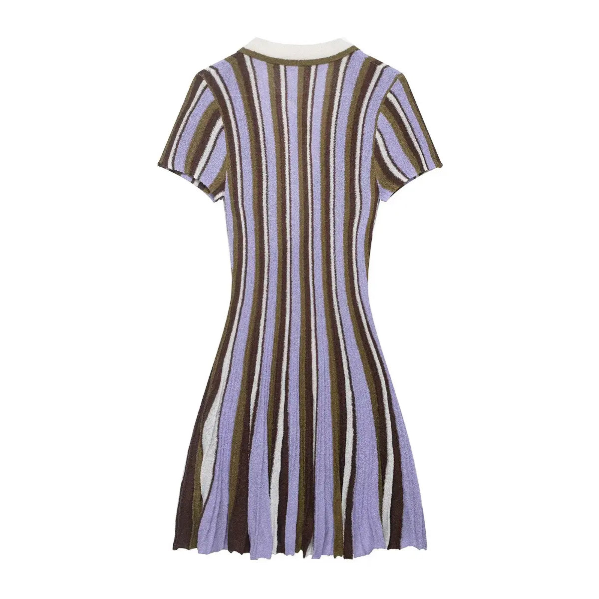 Full back view of the striped knit mini dress, showing the vertical stripes, short sleeves, and fitted flared silhouette