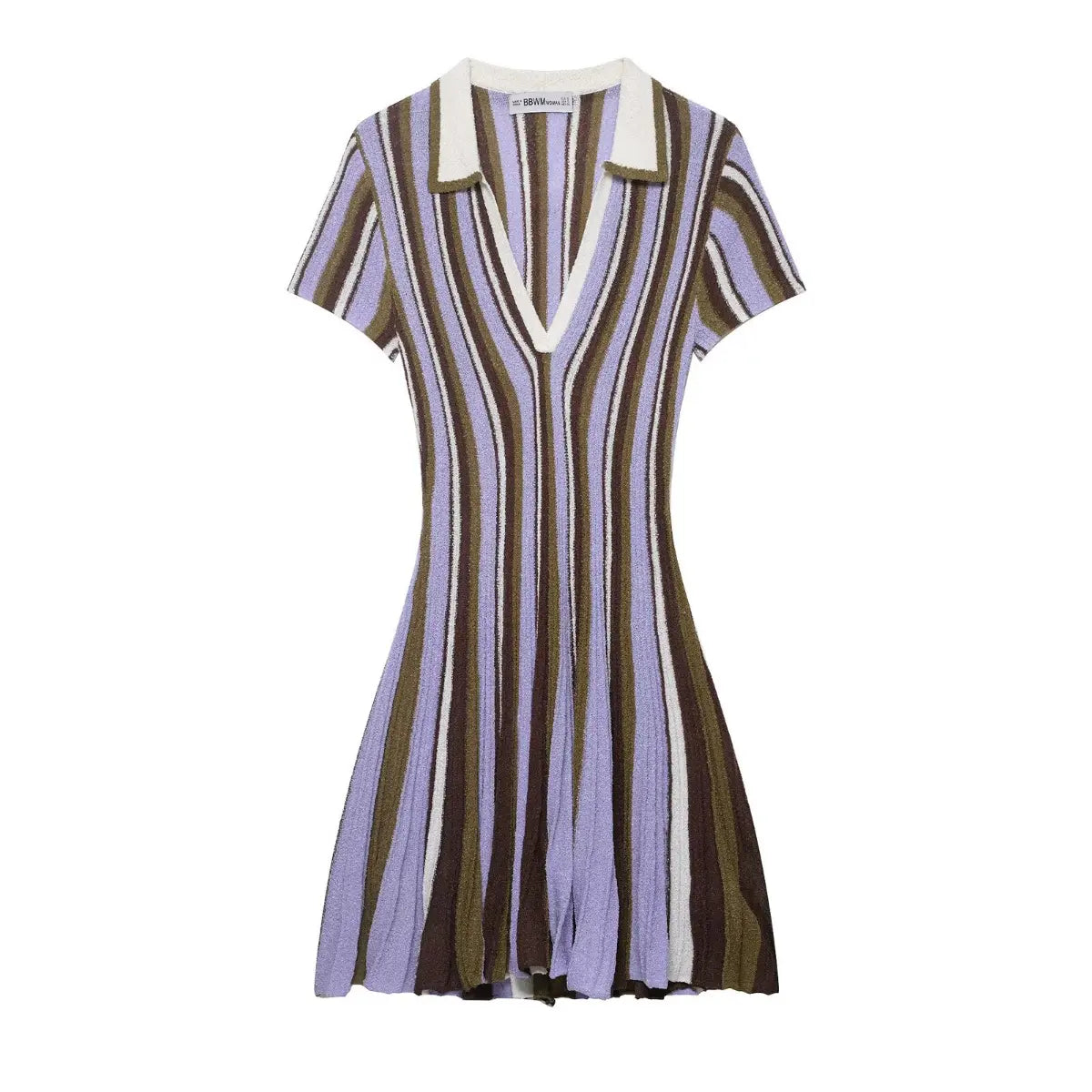 Full front view of the striped knit mini dress, showing the polo collar, deep V-neck, short sleeves, and flared skirt
