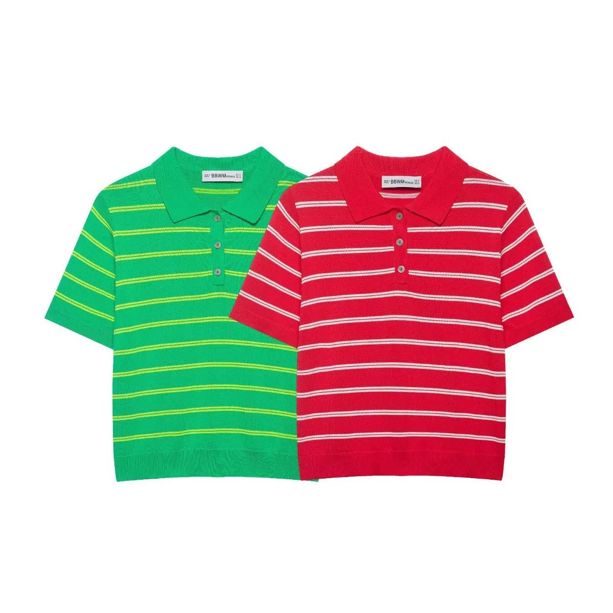 The green-yellow and red-white striped knit polo shirts side by side, showing both colorways