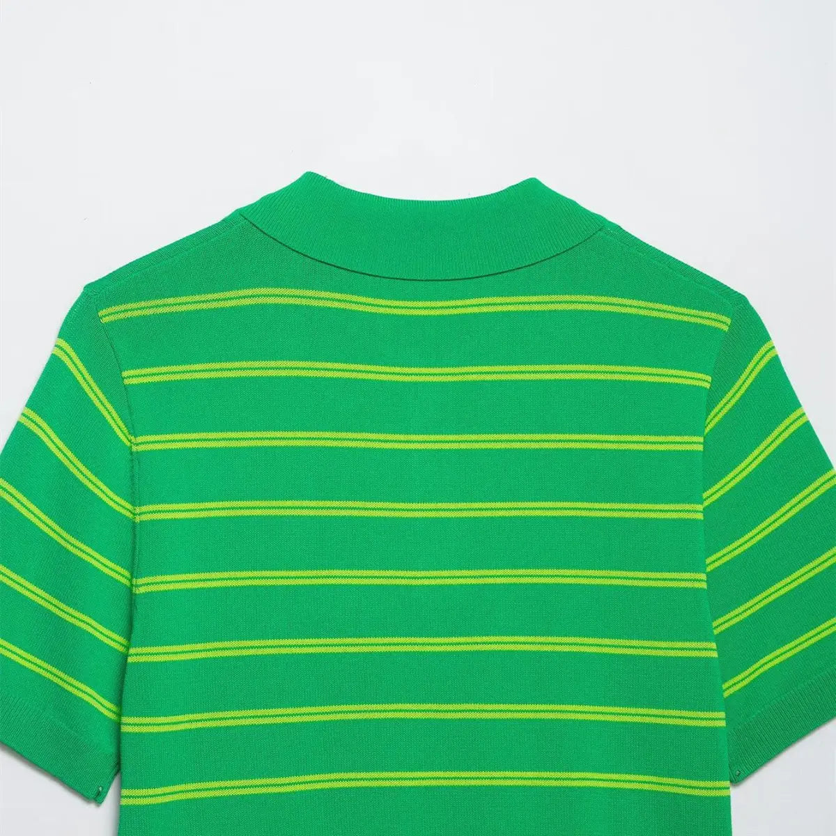 Full back view of the green and yellow striped knit polo shirt, showing the ribbed collar and horizontal stripe pattern