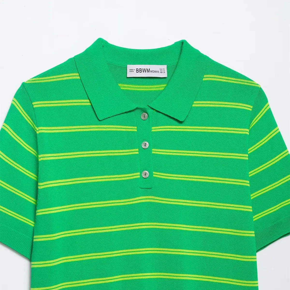Front view of the green and yellow striped knit polo shirt, showing the placket buttons, ribbed collar, and horizontal stripes