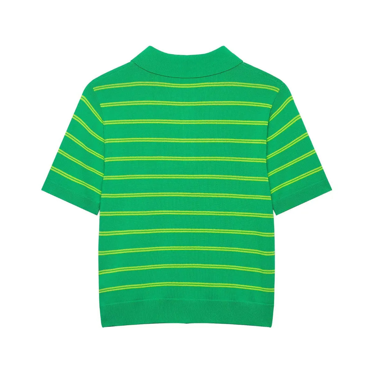 Full back view of the green and yellow striped knit polo shirt, showing the clean silhouette and stripe pattern