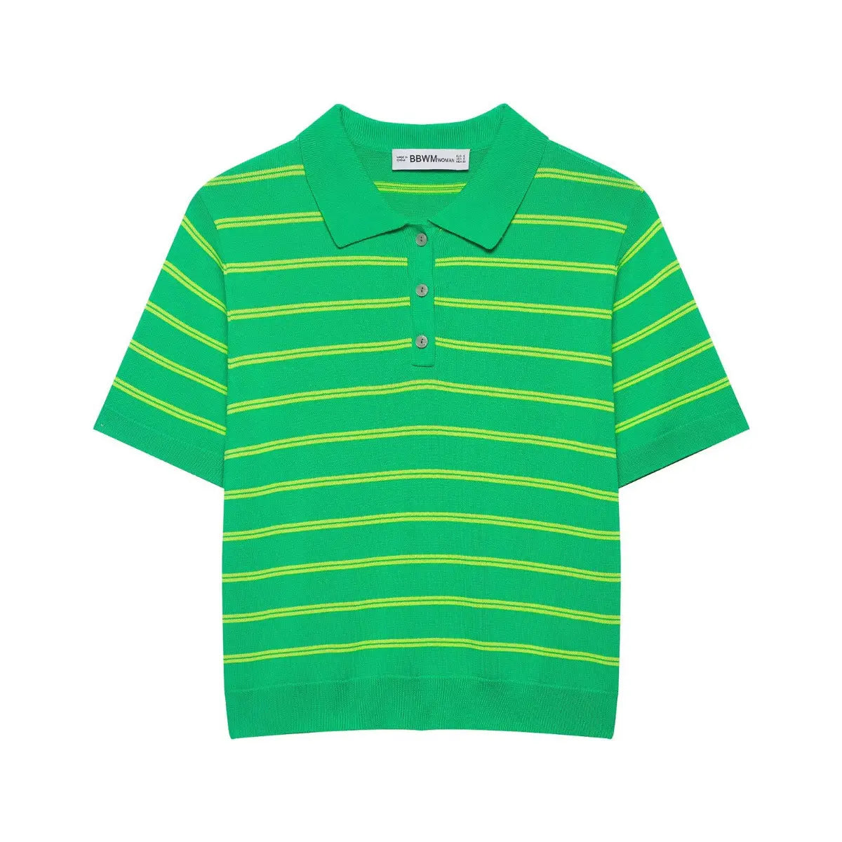 Full front view of the green and yellow striped knit polo shirt, showing the placket, collar, and short sleeves