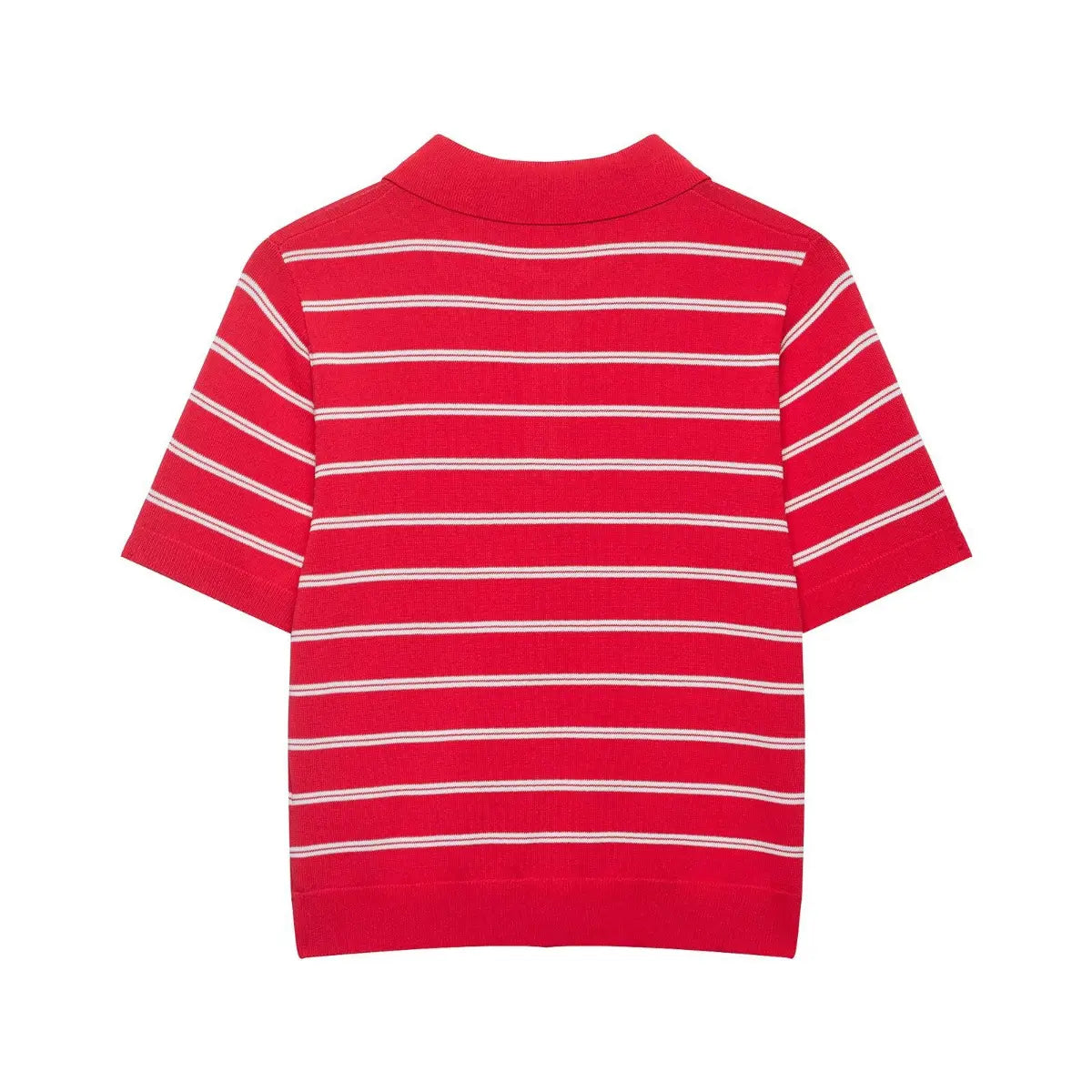 Full back view of the red and white striped knit polo shirt, showing the clean silhouette and stripe pattern