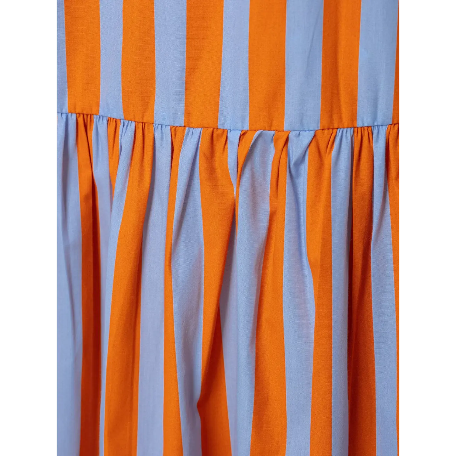 Close-up gathered stitching waist seam connecting skirt and bodice striped sundress maxi dress