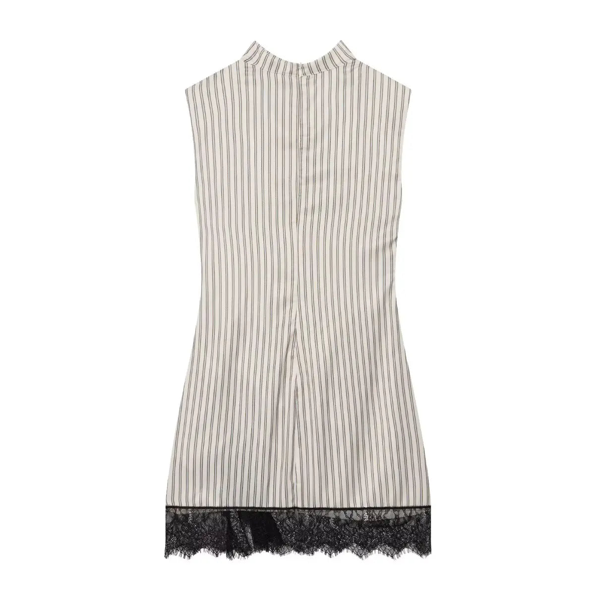 Full back view of the striped mini dress with black lace hem, featuring a high neck, vertical stripes, and center back zipper