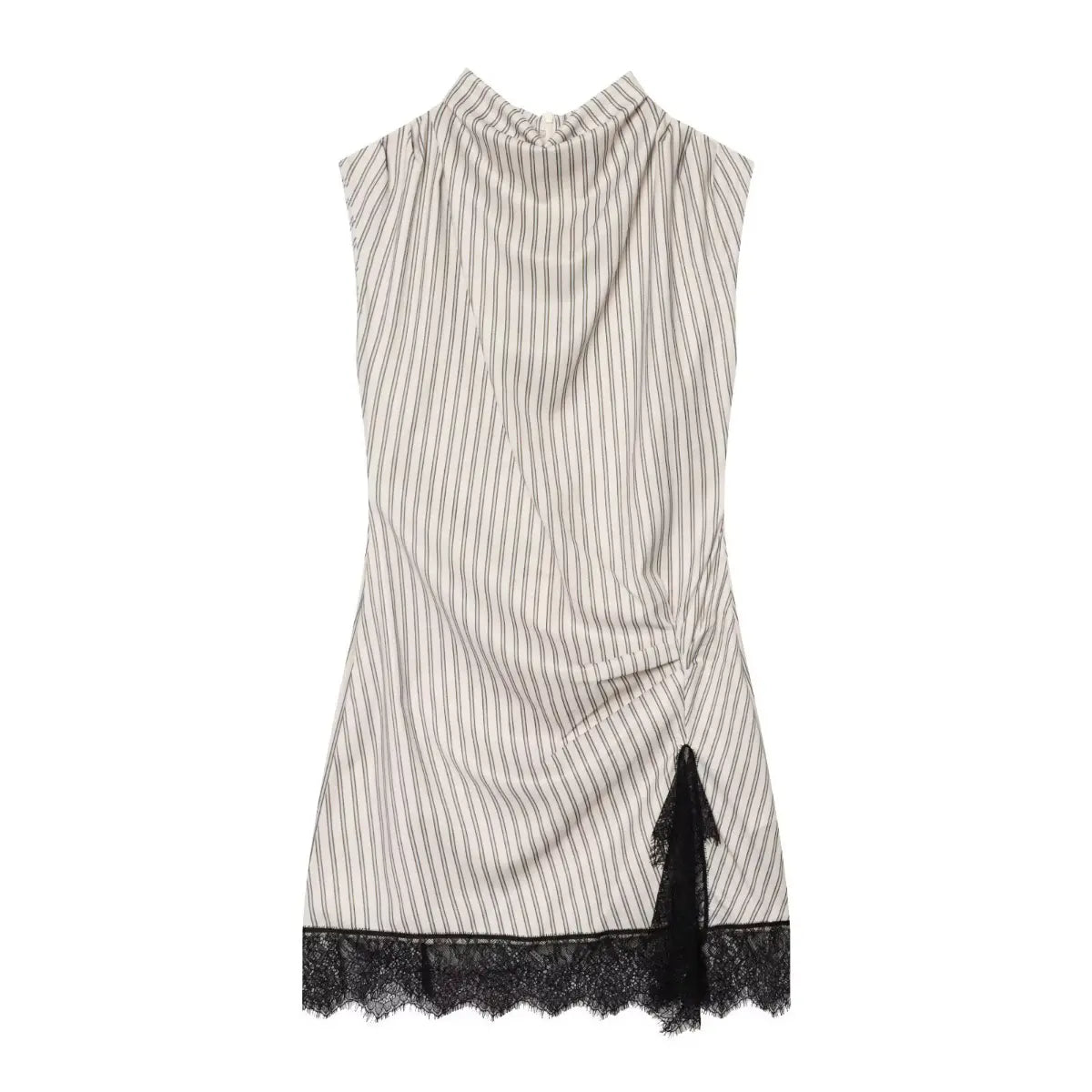 Full front view of the striped mini dress with black lace hem, featuring draped fabric and a lace detail on the side slit