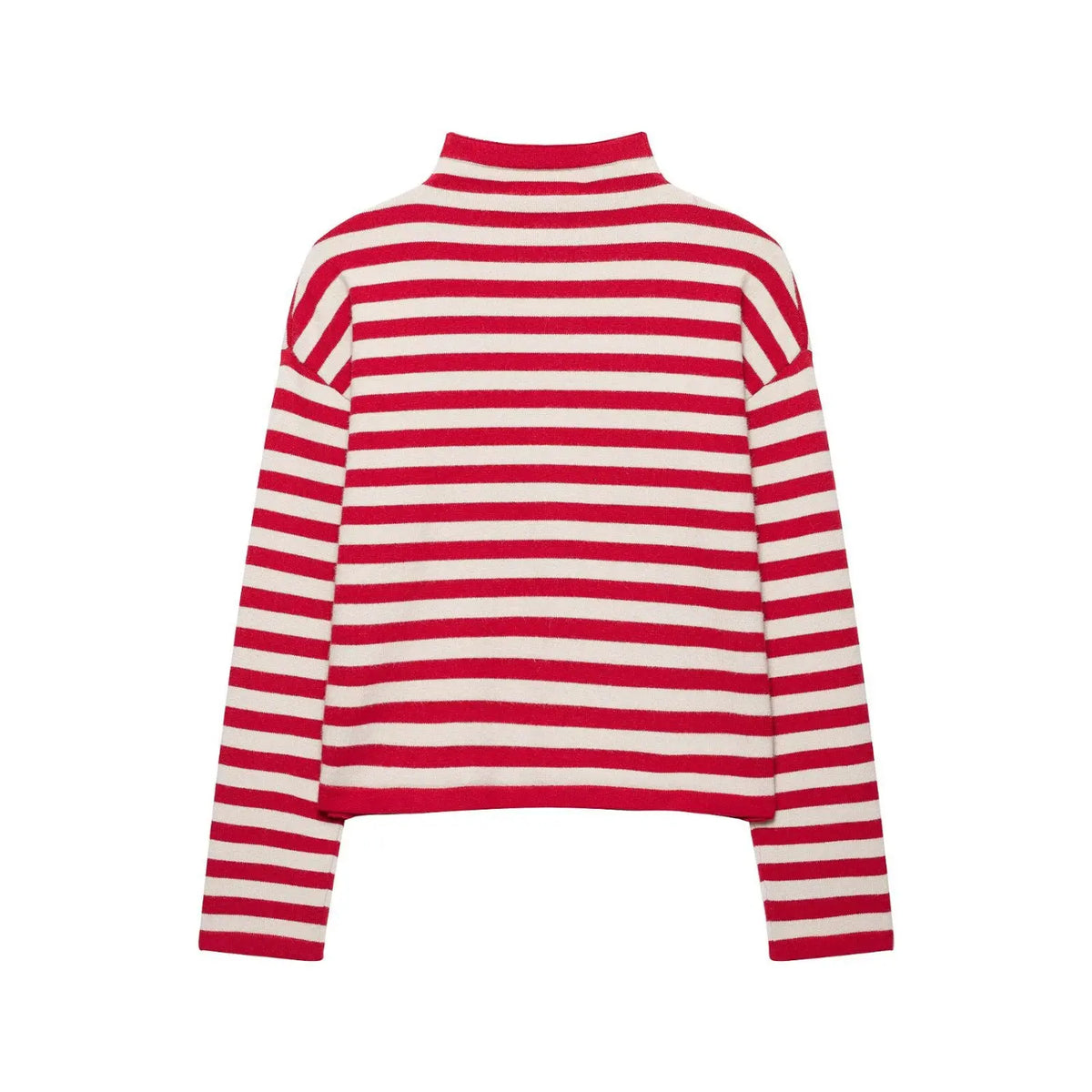Flat lay of red and cream striped knit cardigan with red collar and ribbed cuffs