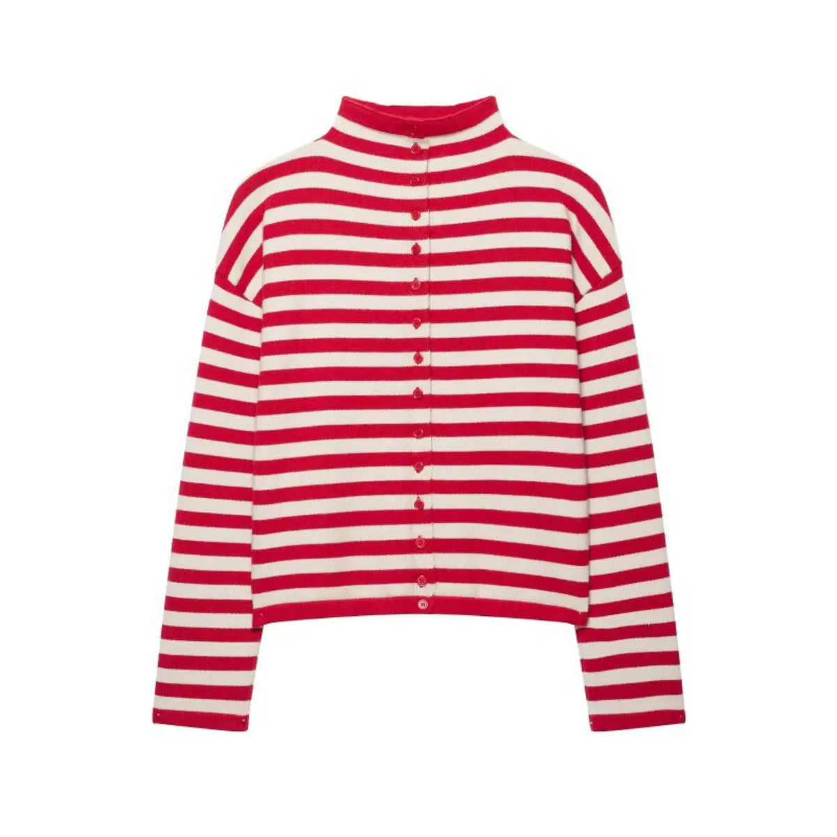 Front view of red and cream striped knit cardigan with mock neck and red buttons on white background