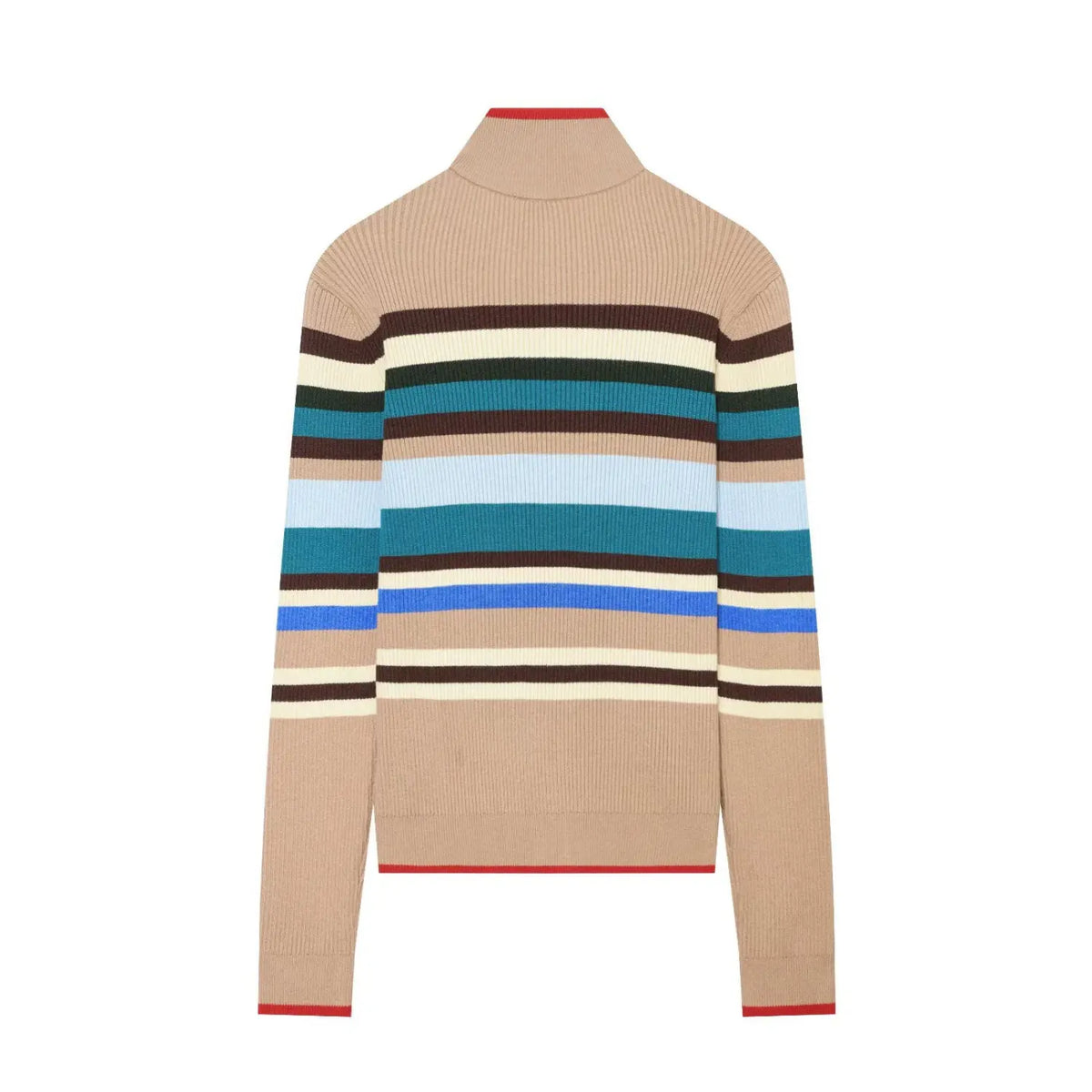 Striped mock neck zip up cardigan, back flat lay