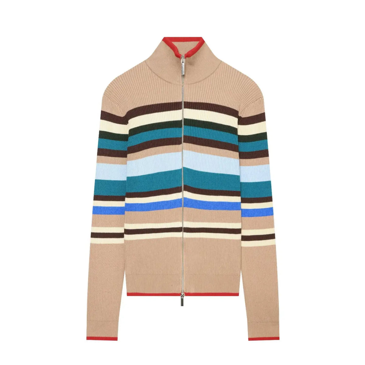 Striped mock neck zip up cardigan, front flat lay