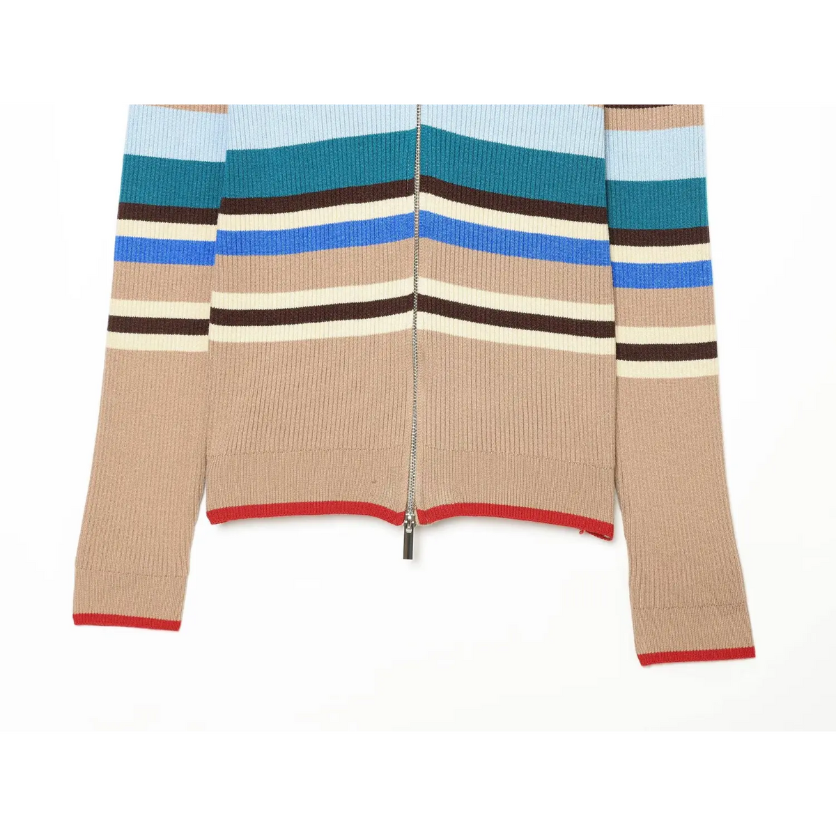 Close-up of ribbed hem, zipper and red contrast trim