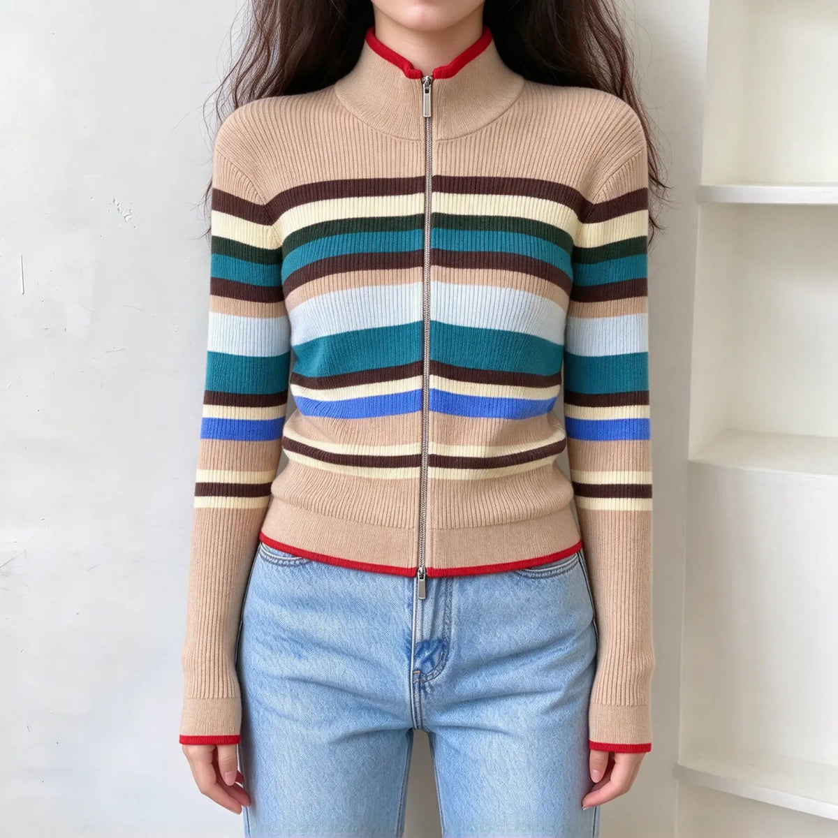 Model wearing striped mock neck zip up cardigan, front view