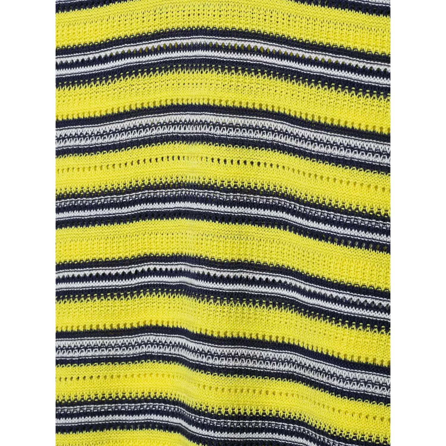 Fabric macro shot, yellow navy white horizontal stripes, hollow openwork knit yarn structure, summer lightweight knit texture