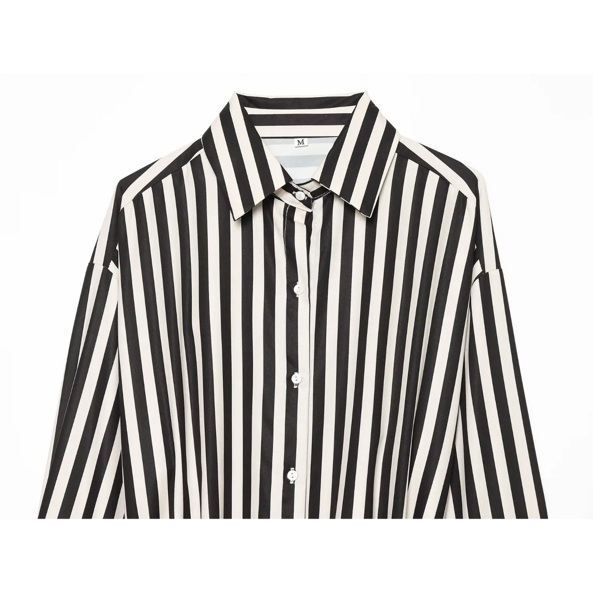 Close‑up of shirt collar and front placket, black‑cream vertical stripe fabric, white shell buttons, inner size label