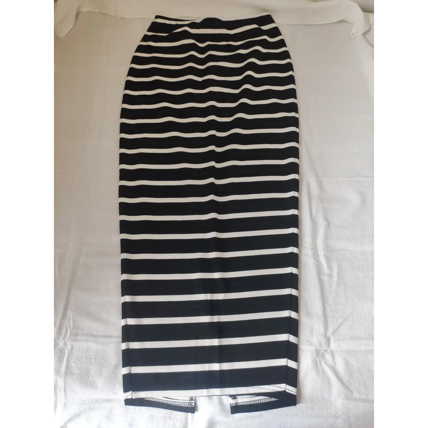 Flat lay front black white horizontal stripe bodycon midi skirt