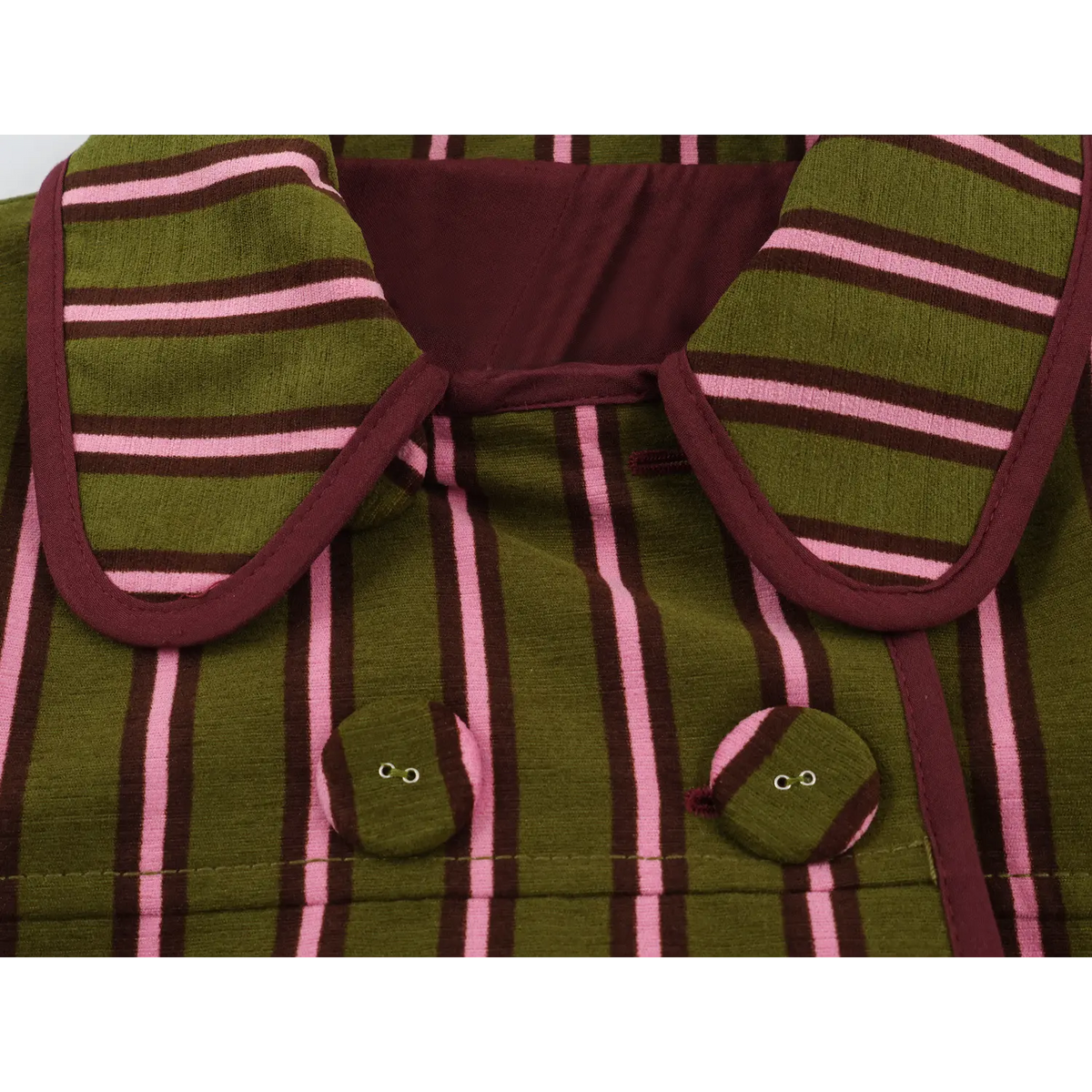 Close-up of peter pan collar and fabric buttons