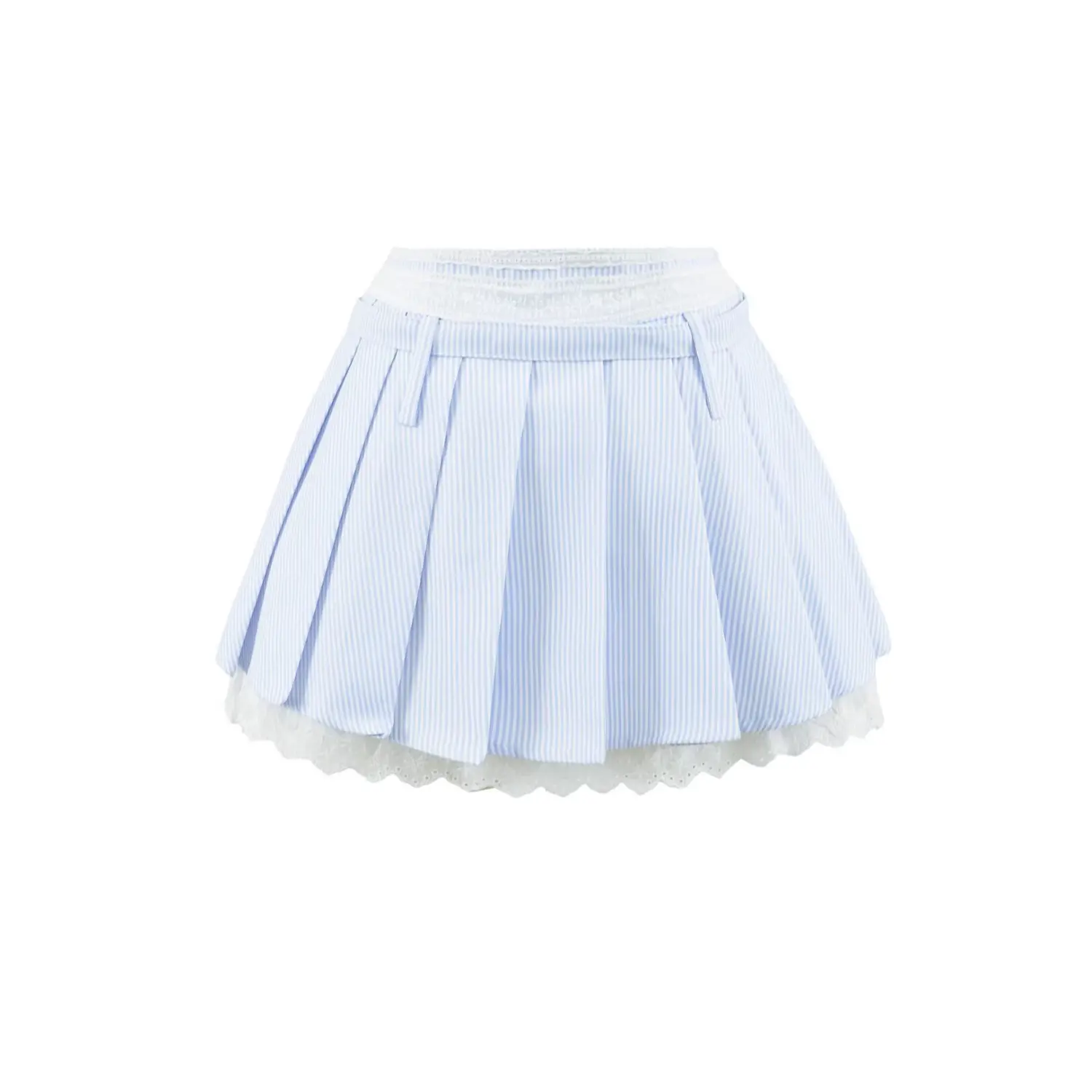 Striped pleated mini skirt without belt white background flat lay, double lace waistband simple fresh stripe skort alternate display shot