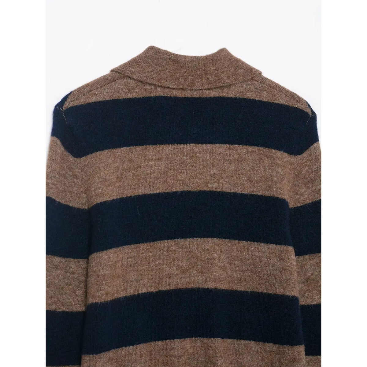 Close-up of brown navy striped back neckline