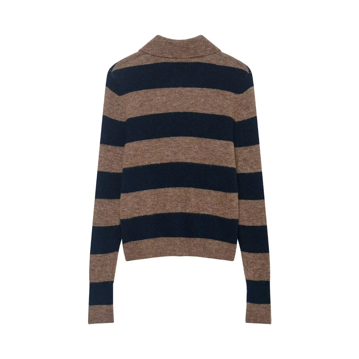 Back flat lay of brown navy striped polo collar button cardigan sweater