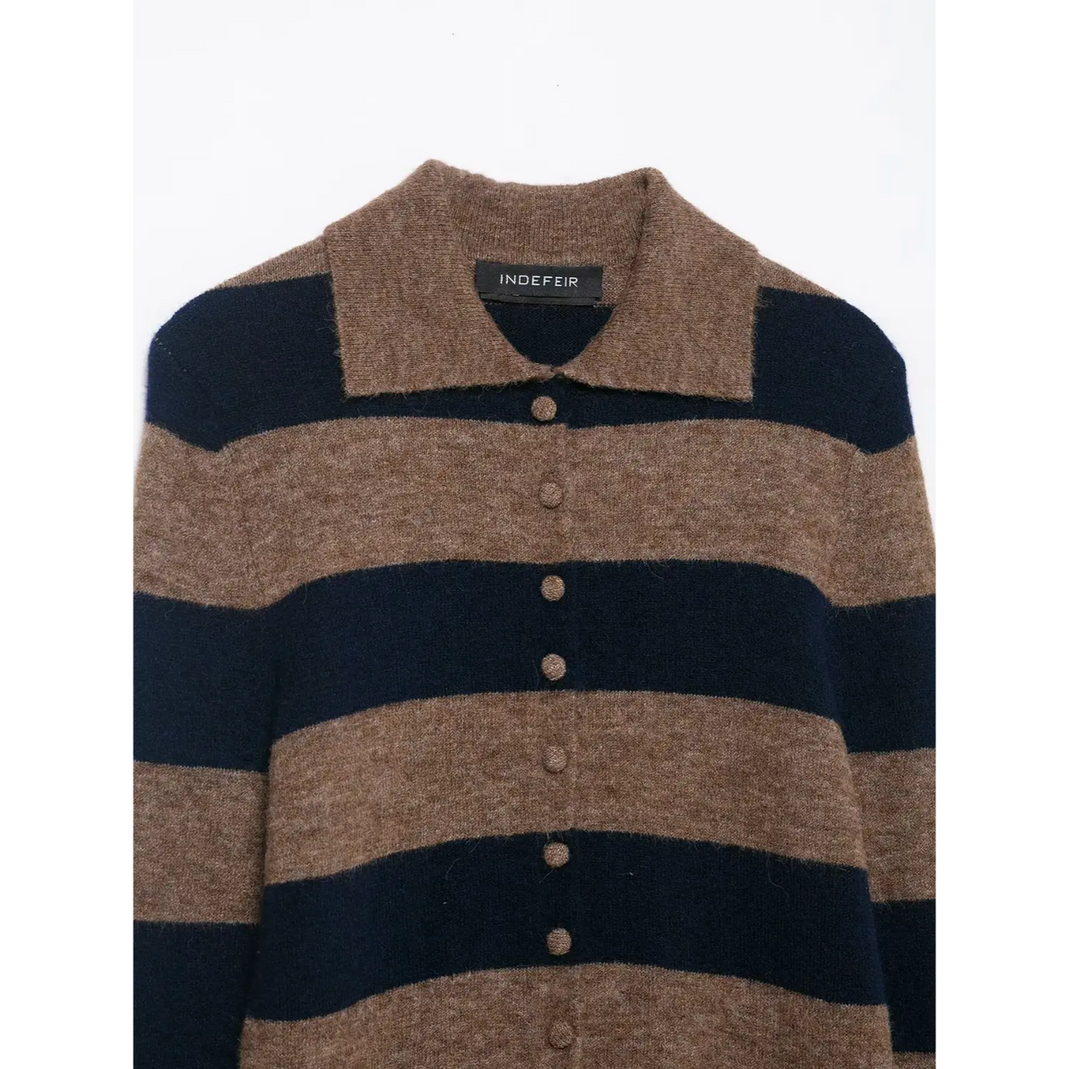 Close-up of brown navy striped polo collar and buttons