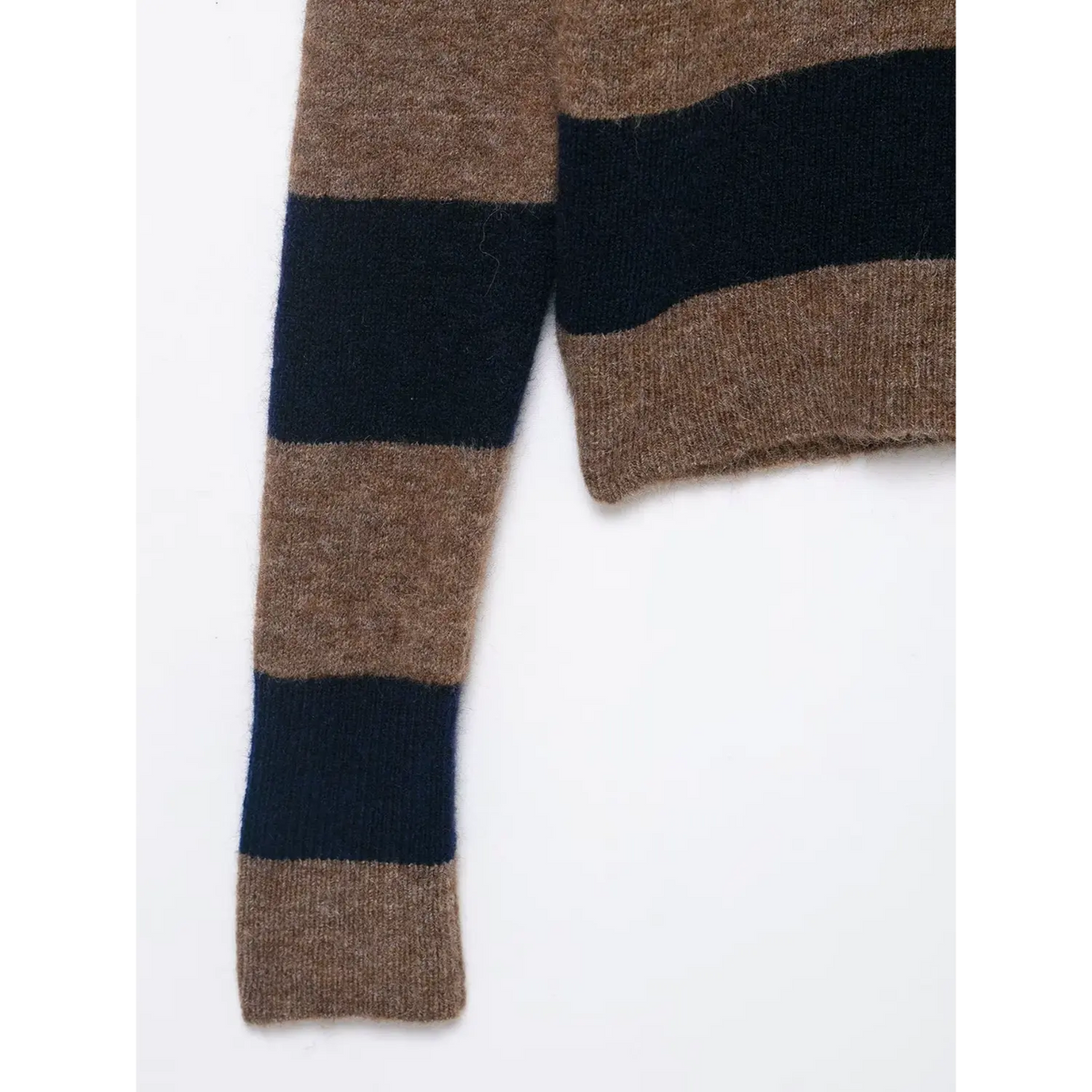 Close-up of brown navy striped cuff and hem
