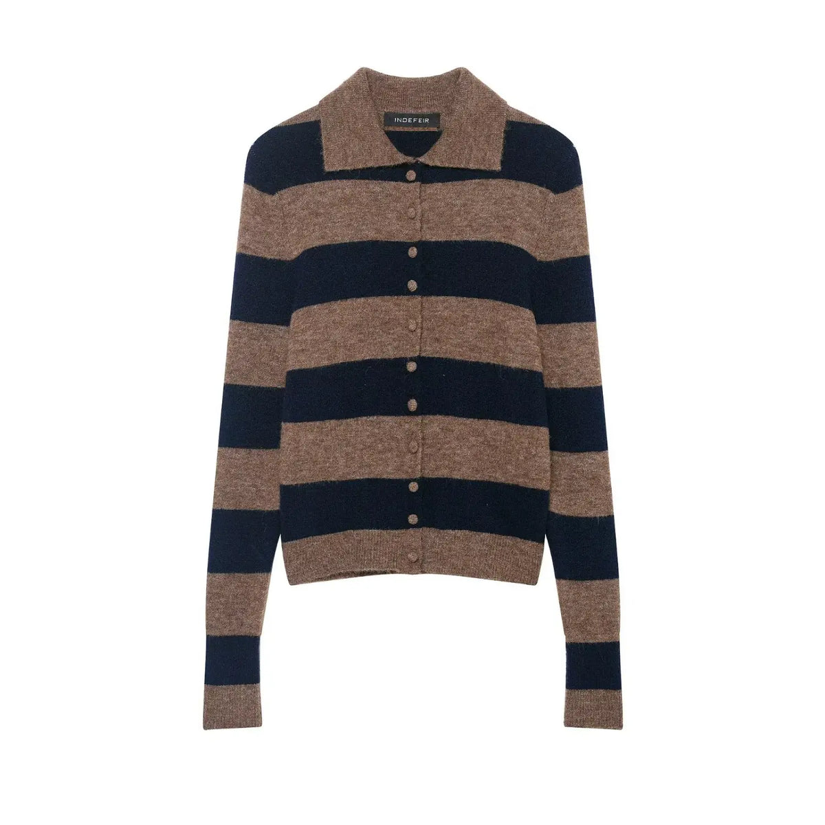 Front flat lay of brown navy striped polo collar button cardigan sweater