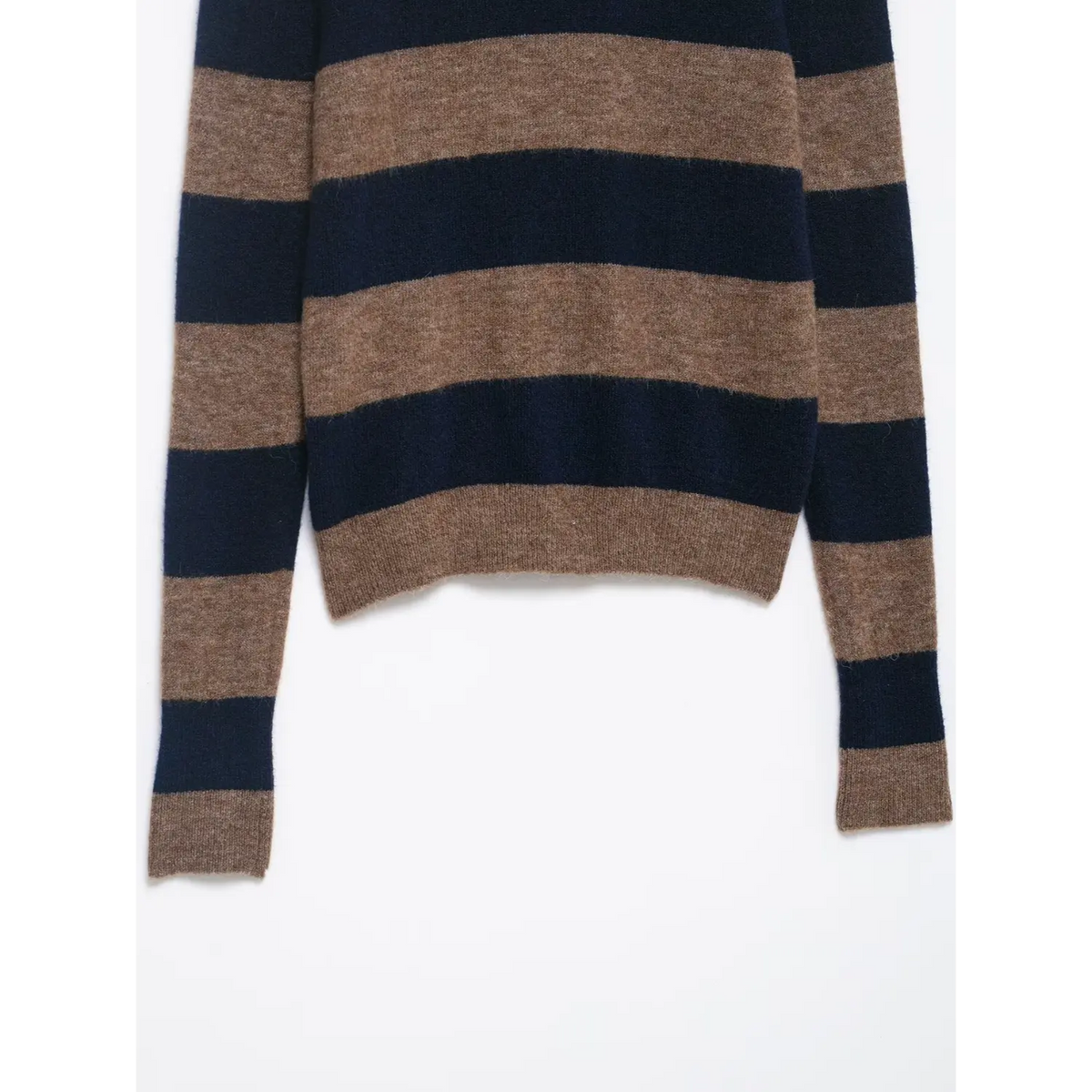 Full view of brown navy striped hem and cuffs