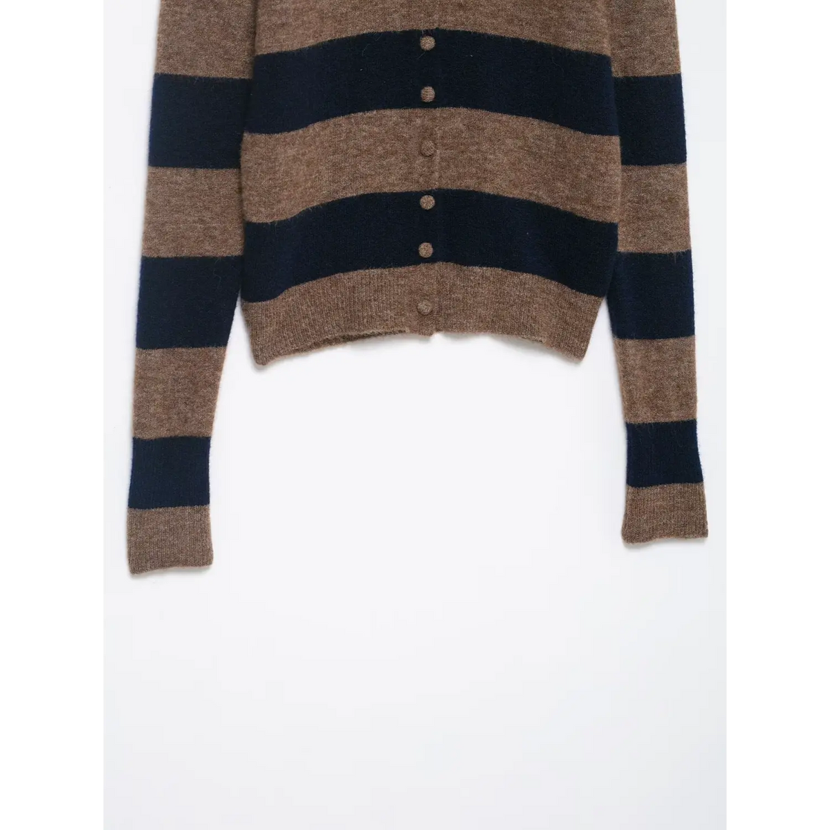 Close-up of brown navy striped button placket and hem